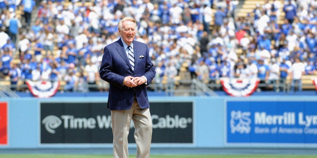 LOS ANGELES, CA - APRIL 04: Los Angeles Dodger announcer Vin Scully during Dodgers 2014 season opening day at Dodger Stadium on April 4, 2014 in Los Angeles, California. (Photo by Mark Sullivan/WireImage)