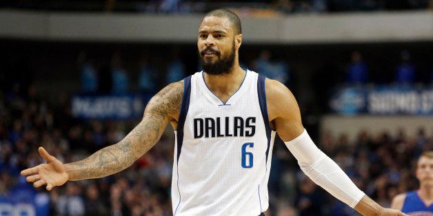 Dallas Mavericks forward Tyson Chandler (6) reacts to a foul call during the first half of an NBA basketball game against the Detroit Pistons, Wednesday, Jan. 7, 2015 in Dallas. Detroit won 108-95. (AP Photo/Brandon Wade)