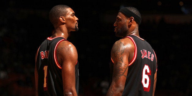 MIAMI, FL - JANUARY 23: ;(L-R) Chris Bosh #1 and LeBron James #6 of the Miami Heat during the game against the Los Angeles L