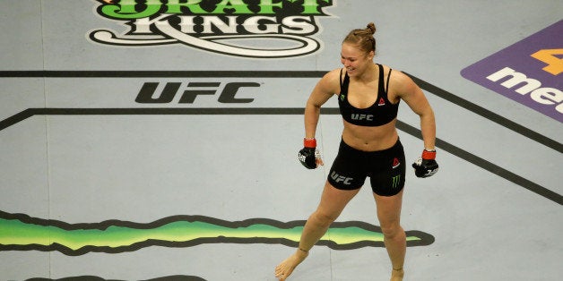 LOS ANGELES, CA - FEBRUARY 28: An overhead view of Ronda Rousey celebrating her victory over Cat Zingano in their UFC women's bantamweight championship bout during the UFC 184 event at Staples Center on February 28, 2015 in Los Angeles, California. (Photo by Jeff Gross/Zuffa LLC/Zuffa LLC via Getty Images)