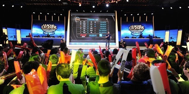 The studio audience cheers before the start of the League of Legends North American Championship Series Spring Split round ro