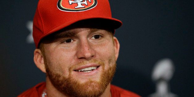 San Francisco 49ers fullback Bruce Miller talks with reporters during a news conference on Monday, Jan. 28, 2013, in New Orleans. The 49ers are scheduled to play the Baltimore Ravens in the NFL Super Bowl XLVII football game on Feb. 3. (AP Photo/Mark Humphrey)