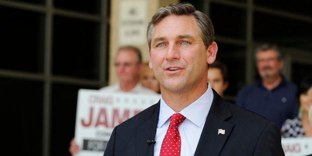 FILE - In this May 24, 2012 file photo, Texas Republican candidate for the U.S. Senate Craig James gestures during a press conference in Houston. James says Fox Sports hit him with a "sucker punch" _ inviting him to join a regional college football show, then firing him and telling the media he was too polarizing for TV. The longtime broadcaster and SMU star has accused Fox of discriminating against him due to his views opposing gay marriage, which he stated during a failed campaign two years ago for U.S. Senate. (AP Photo/Pat Sullivan, File)