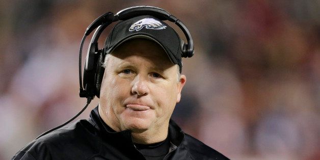 Philadelphia Eagles head coach Chip Kelly reacts to a play during the first half of an NFL football game against the Washington Redskins in Landover, Md., Saturday, Dec. 20, 2014. (AP Photo/Mark Tenally)