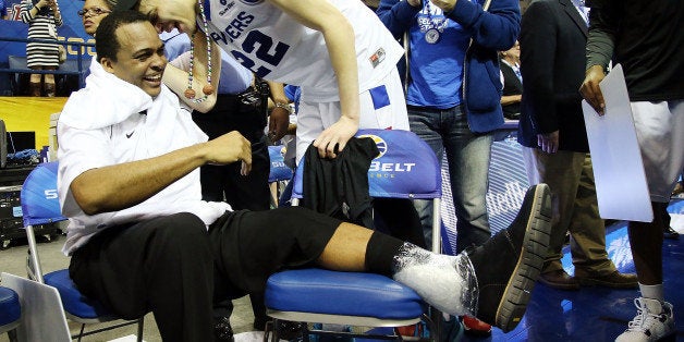 NEW ORLEANS, LA - MARCH 15: R.J. Hunter #22 of the Georgia State Panthers celebrates with his father head coach Ron Hunter of