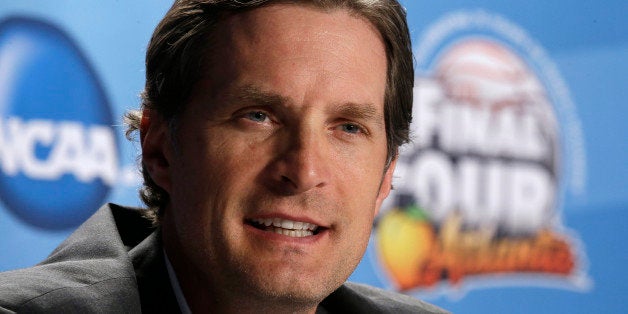 Former NBA basketball player Christian Laettner speaks during a NCAA Final Four tournament college basketball 75th anniversar