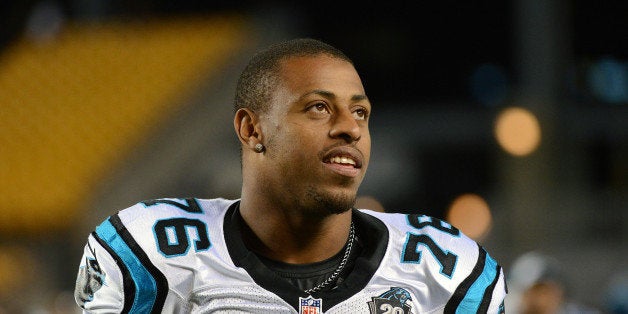 PITTSBURGH, PA - AUGUST 28: Defensive lineman Greg Hardy #76 of the Carolina Panthers looks on from the field after a presea