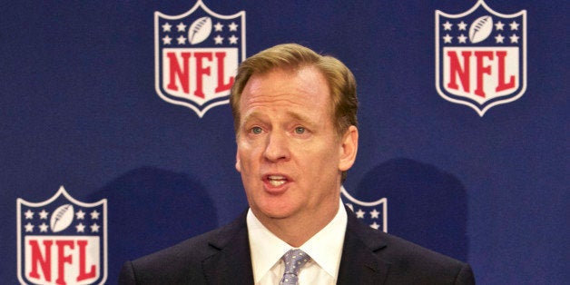 FILE - In this Dec. 10, 2014, file photo, NFL commissioner Roger Goodell speaks at an NFL press conference announcing new measures for the league's personal conduct policy during an owners meeting in Irving, Texas. Nearly 500 employees at NFL headquarters in New York turned over phone and email records to investigators looking into how Commissioner Roger Goodell and his staff pursued and handled evidence in the Ray Rice case, two people familiar with the situation told The Associated Press on Tuesday, Dec. 16, 2014. The people spoke to the AP on condition of anonymity because details of the investigation won't be made public until former FBI director Robert S. Mueller III releases his report. (AP Photo/Brandon Wade, File)