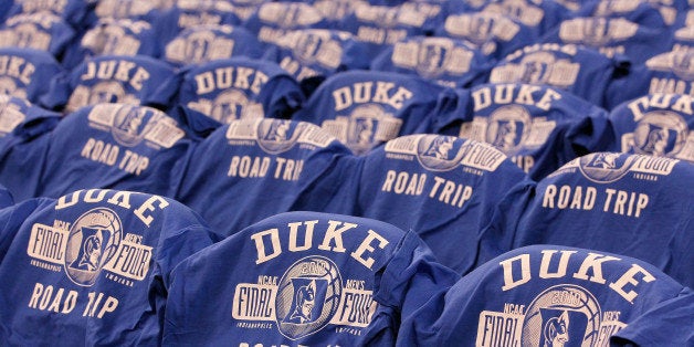 INDIANAPOLIS - APRIL 03: Final four t-shirts with the logo of the Duke Blue Devils are seen on the backs of chairs against the West Virginia Mountaineers during the National Semifinal game of the 2010 NCAA Division I Men's Basketball Championship on April 3, 2010 in Indianapolis, Indiana. (Photo by Kevin C. Cox/Getty Images)