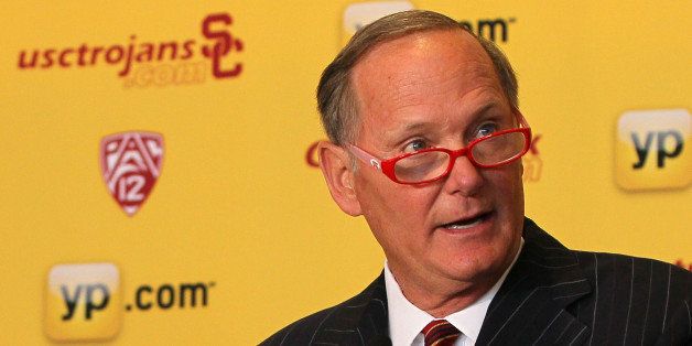 LOS ANGELES, CA - APRIL 03: USC Athletic Director Pat Haden addresses the audience during the press conference to introduce Andy Enfield as USC's new basketball head coach on April 3, 2013 in Los Angeles, California. (Photo by Victor Decolongon/Getty Images)