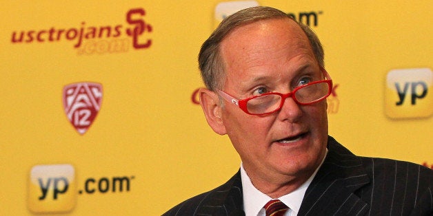 LOS ANGELES, CA - APRIL 03: USC Athletic Director Pat Haden addresses the audience during the press conference to introduce