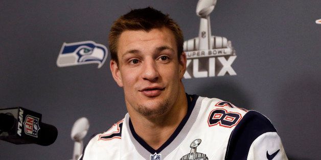 New England Patriots tight end Rob Gronkowski answers questions during a news conference Thursday, Jan. 29, 2015, in Chandler, Ariz. The Patriots play the Seattle Seahawks in NFL football Super Bowl XLIX Sunday, Feb. 1. (AP Photo/Mark Humphrey)