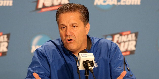 INDIANAPOLIS, IN - APRIL 02: Head coach John Calipari of the Kentucky Wildcats addresses the media during a press conference before the 2015 NCAA Men's Final Four at Lucas Oil Stadium on April 2, 2015 in Indianapolis, Indiana. Kentucky plays Wisconsin on Saturday, April 4th. (Photo by Streeter Lecka/Getty Images)