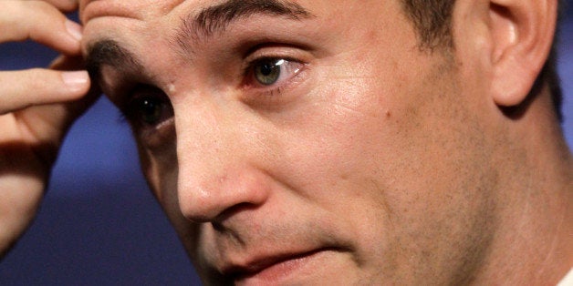 New England Revolution soccer player Taylor Twellman is emotional as he faces reporters during a news conference announcing his retirement from professional soccer, Wednesday, Nov. 3, 2010, in Foxborough, Mass. The Revolution star says he's retiring because of the effects of a concussion. (AP Photo/Steven Senne)