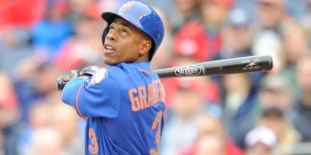 WASHINGTON, DC - APRIL 09: Curtis Granderson #3 of the New York Mets singles in the third inning during a baseball against the Washington Nationals at Nationals Park on April 9, 2015 in Washington, DC. The Mets won 6-3. (Photo by Mitchell Layton/Getty Images)