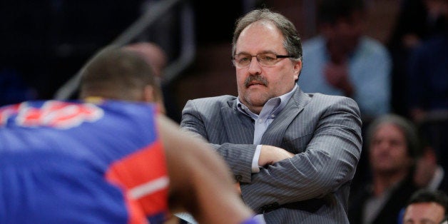 Detroit Pistons coach Stan Van Gundy watches his team play during the first half of an NBA basketball game against the New Y