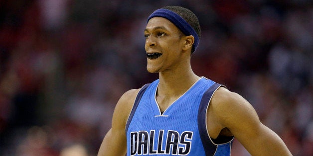 In this photo taken Tuesday, April 21, 2015, Dallas Mavericks' Rajon Rondo makes his way to bench after being called for a fo
