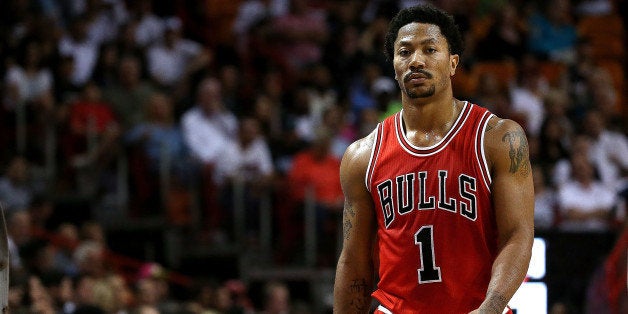 MIAMI, FL - APRIL 09: Derrick Rose #1 of the Chicago Bulls looks on during a game against the Miami Heat at American Airlines Arena on April 9, 2015 in Miami, Florida. NOTE TO USER: User expressly acknowledges and agrees that, by downloading and/or using this photograph, user is consenting to the terms and conditions of the Getty Images License Agreement. Mandatory copyright notice: (Photo by Mike Ehrmann/Getty Images)