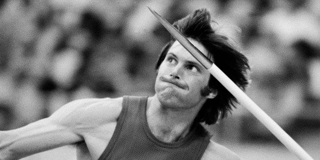 American decathlon gold medalist Bruce Jenner is shown throwing the javelin in Olympic competition in Montreal, July 30, 1976. (AP Photo)