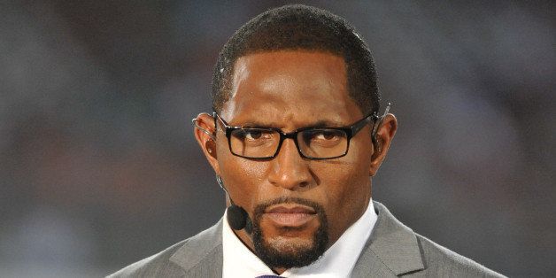 TAMPA, FL - NOVEMBER 11: ESPN Monday Night Football commentator Ray Lewis is on a sideline television set before the Miami Dolphins play against the Tampa Bay Buccaneers November 11, 2013 at Raymond James Stadium in Tampa, Florida. (Photo by Al Messerschmidt/Getty Images)