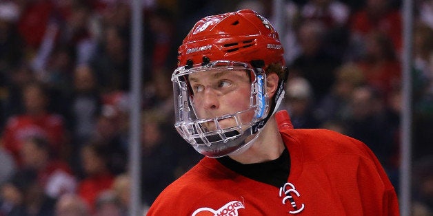 BOSTON, MA - APRIL 09: Jack Eichel #9 of the Boston University Terriers looks on during the third period of the 2015 NCAA Div
