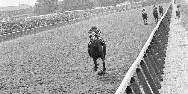 Secretariat, with jockey Ron Turcotte up, leads the field of Belmont Stakes at Belmont Park, Elmont, New York, June 9, 1973 to win and take racing's Triple Crown. The Meadow Stable colt became the first horse since 1948 and Citation to win the Triple Crown. (AP Photo)