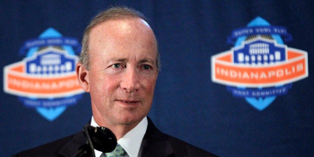 Indiana Governor Mitch Daniels talks about the plans for the City of Indianapolis to bid for the 2018 NFL Super Bowl during an announcement in Indianapolis, Wednesday, July 18, 2012. The NFL won't pick the host city for the game until 2014. (AP Photo/Michael Conroy)