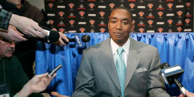 New York Knicks coach Isiah Thomas gestures while responding to questions during a news conference Wednesday, April 9, 2008, in New York, before the Knicks' NBA basketball game against the Charlotte Hornets. (AP Photo/Frank Franklin II)