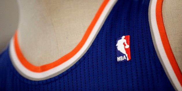 A detail showing the NBA logo on the New York Knicks new away game uniform that is displayed during a news conference, Thursd