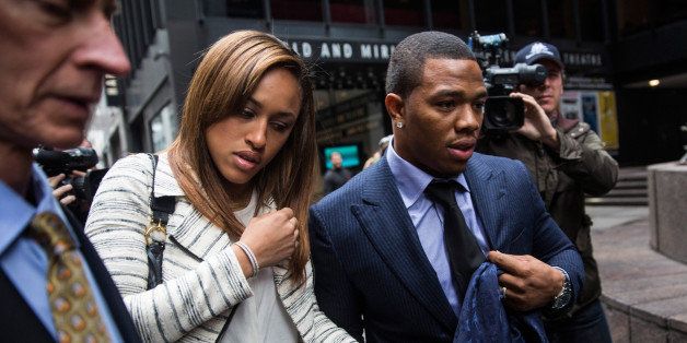 NEW YORK, NY - NOVEMBER 05: Suspended Baltimore Ravens football player Ray Rice (R) and his wife Janay Palmer arrive for a hearing on November 5, 2014 in New York City. Rice is fighting his suspension after being caught beating his wife in an Atlantic City casino elevator in February 2014. (Photo by Andrew Burton/Getty Images)