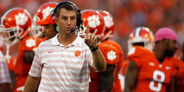 CLEMSON, SC - OCTOBER 11: Head coach Dabo Swinney of the Clemson Tigers during the game against the Louisville Cardinals at Memorial Stadium on October 11, 2014 in Clemson, South Carolina. (Photo by Tyler Smith/Getty Images)
