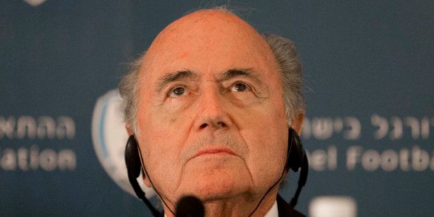 FIFA President Sepp Blatter attends a press conference in Jerusalem, Tuesday, May 19, 2015. Blatter said Tuesday he is on a âmission of peaceâ to resolve tensions between the Israeli and Palestinian soccer federations in hopes of staving off a Palestinian bid to oust Israel from the world governing body. (AP Photo/Tsafrir Abayov)