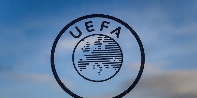 A logo of the UEFA the European football governing body is seen on December 15, 2014 at the UEFA headquarters in Nyon. AFP PH