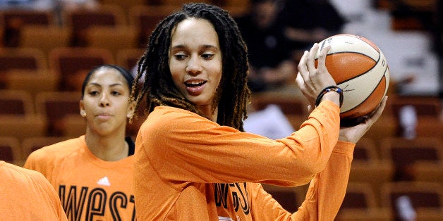 West's Brittney Griner, of the Phoenix Mercury, practices before the WNBA All-Star basketball game in Uncasville, Conn., Saturday, July 27, 2013. Griner is not scheduled to play in the game due to an injury. (AP Photo/Jessica Hill)