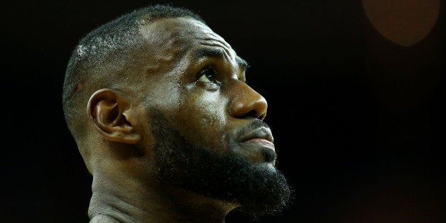 CLEVELAND, OH - JUNE 11: A cut on the head of LeBron James #23 of the Cleveland Cavaliers is seen in the second quarter agai