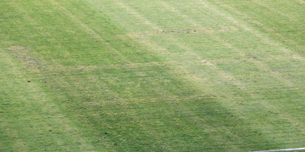 The pitch appearing to show the pattern of a swastika, following the Euro 2016 Group H qualifying soccer match between Croatia and Italy, in Split, Croatia, Friday, June 12, 2015. Croatia could face punishment by UEFA after a swastika pattern could be seen on the pitch for its European Championship qualifying match against Italy. (AP Photo/Darko Bandic)