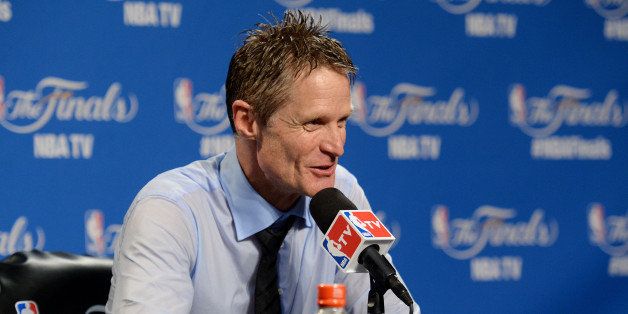 CLEVELAND, OH - JUNE 16: Head coach Steve Kerr of the Golden State Warriors speaks in overtime the media after they defeated the Cleveland Cavaliers in Game Six of the 2015 NBA Finals at Quicken Loans Arena on June 16, 2015 in Cleveland, Ohio. NOTE TO USER: User expressly acknowledges and agrees that, by downloading and or using this photograph, user is consenting to the terms and conditions of Getty Images License Agreement. (Photo by Jason Miller/Getty Images)