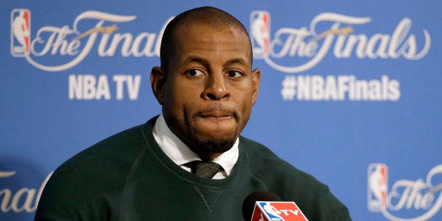 Golden State Warriors forward Andre Iguodala speaks at a news conference after Game 5 of basketball's NBA Finals against the Cleveland Cavaliers in Oakland, Calif., Sunday, June 14, 2015. The Warriors won 104-91. (AP Photo/Ben Margot)