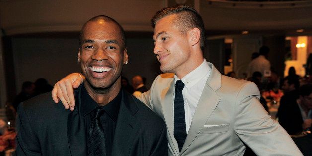 NBA basketball player Jason Collins, left, and Los Angeles Galaxy soccer player Robbie Rogers pose together at the 9th Annual Gay, Lesbian & Straight Education Network Respect Awards at The Beverly Hills Hotel on Friday, Oct. 18, 2013 in Beverly Hills, Calif. (Photo by Chris Pizzello/Invision/AP)