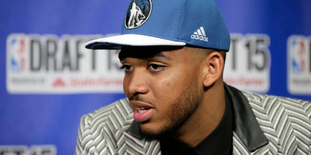 BROOKLYN, NY - JUNE 25: Karl-Anthony Towns speaks to the media after being selected number one overall by the Minnesota Timberwolves during the 2015 NBA Draft on June 25, 2015 at Barclays Center in Brooklyn, New York. NOTE TO USER: User expressly acknowledges and agrees that, by downloading and or using this photograph, User is consenting to the terms and conditions of the Getty Images License Agreement. Mandatory Copyright Notice: Copyright 2015 NBAE (Photo by Steve Freeman/NBAE via Getty Images)