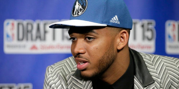 BROOKLYN, NY - JUNE 25: Karl-Anthony Towns speaks to the media after being selected number one overall by the Minnesota Timberwolves during the 2015 NBA Draft on June 25, 2015 at Barclays Center in Brooklyn, New York. NOTE TO USER: User expressly acknowledges and agrees that, by downloading and or using this photograph, User is consenting to the terms and conditions of the Getty Images License Agreement. Mandatory Copyright Notice: Copyright 2015 NBAE (Photo by Steve Freeman/NBAE via Getty Images)