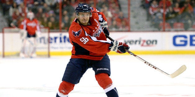 WASHINGTON, DC - FEBRUARY 06: Patrick Wey #56 of the Washington Capitals in action against the Winnipeg Jets during an NHL game at the Verizon Center on February 6, 2014 in Washington, DC. The Washington Capitals won, 4-2. (Photo by Patrick Smith/Getty Images)