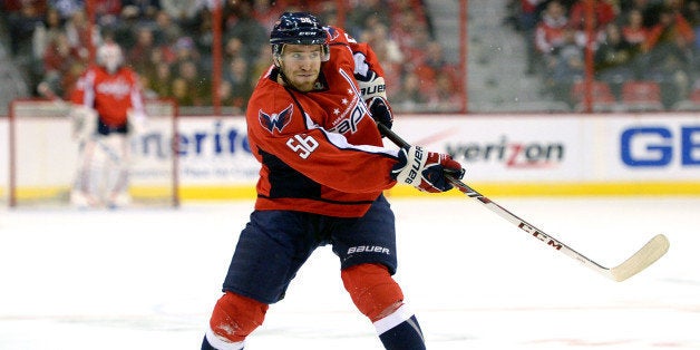 WASHINGTON, DC - FEBRUARY 06: Patrick Wey #56 of the Washington Capitals in action against the Winnipeg Jets during an NHL game at the Verizon Center on February 6, 2014 in Washington, DC. The Washington Capitals won, 4-2. (Photo by Patrick Smith/Getty Images) 