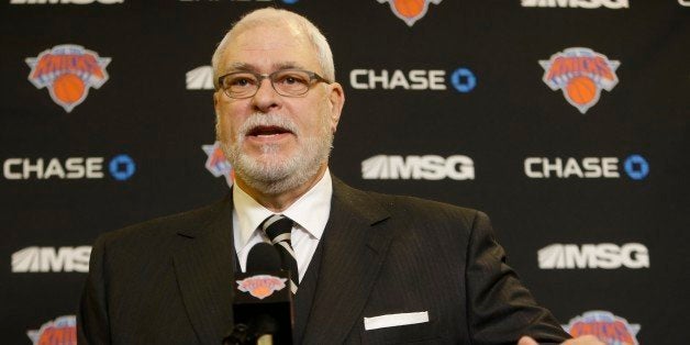 New York Knicks president Phil Jackson speaks during a news conference before an NBA basketball game against the Charlotte Ho
