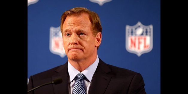 NEW YORK, NY - SEPTEMBER 19: NFL Commissioner Roger Goodell talks during a press conference at the Hilton Hotel on September 19, 2014 in New York City. Goodell spoke about the NFL's failure to address domestic violence, sexual assault and drug abuse in the league. (Photo by Elsa/Getty Images)