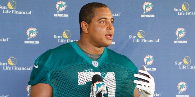 DAVIE, FL - MAY 4: Jonathan Martin #71 of the Miami Dolphins talks ot the media after the rookie minicamp on May 4, 2012 at the Miami Dolphins training facility in Davie, Florida. (Photo by Joel Auerbach/Getty Images)