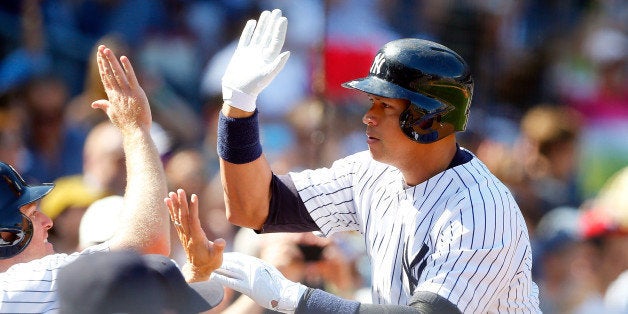 NEW YORK, NY - SEPTEMBER 06: Alex Rodriguez #13 of the New York Yankees celebrates his sixth inning home run against the Tam