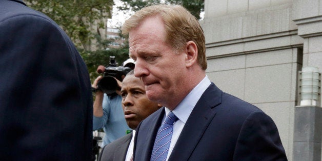 NFL Commissioner Roger Goodell leaves Federal court in New York, Monday, Aug. 31, 2015. Last-minute settlement talks between