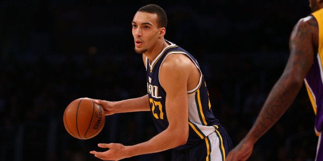 LOS ANGELES, CA - MARCH 19: Rudy Gobert #27 of the Utah Jazz looks to make a play in the first half during the NBA game agai