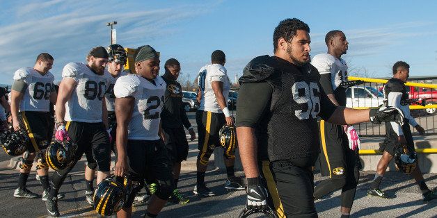 COLUMBIA, MO - NOVEMBER 10: Members of the University of Missouri Tigers football team return to practice at Memorial Stadium at Faurot Field on November 10, 2015 in Columbia, Missouri. The university looks to get things back to normal after the recent protests on campus that lead to the resignation of the school's President and Chancellor on November 9. (Photo by Michael B. Thomas/Getty Images)